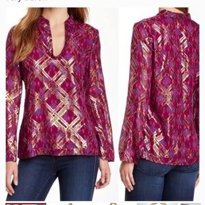 Tory Burch - Pink & Metallic Gold Print Silk long sleeve Blouse